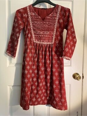 Maroon Printed Cotton Tunic Dress with Embroidered Yoke